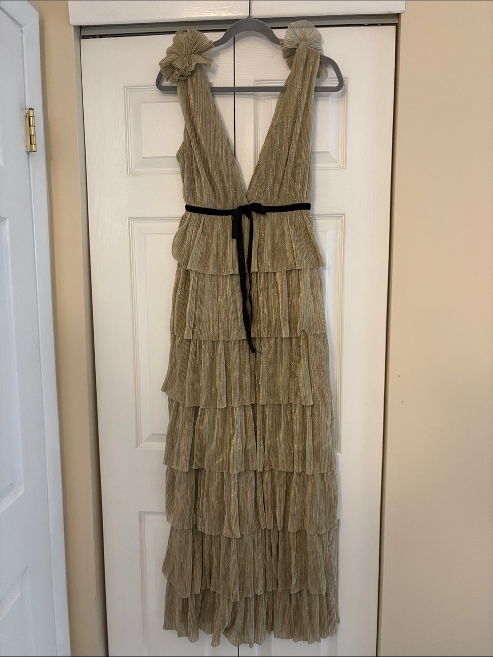 Vici Gold Tiered Ruffle Maxi Dress with Black Tie
